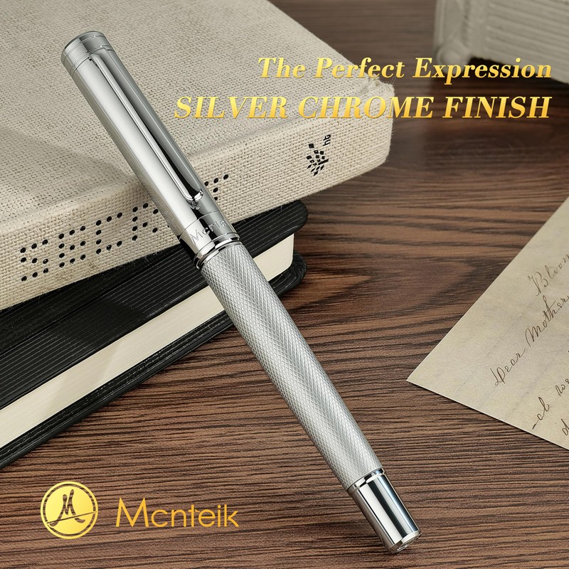 MCNTEIK Silver Rollerball Pen, Stunning Luxury Pen with Mesh Texture