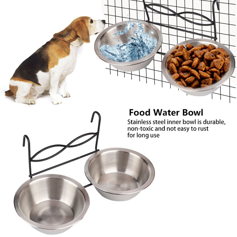 Stainless Steel Dual Hanging Food Water Bowl Feeder with Hook