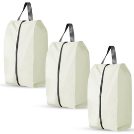 Bagentry 3 Pack Folding Shoe Bags for Travel with Zipper Closure, Waterproof Shoe Storage Bag with Handle, Washable Shoe Organizers Packing Cubes for Gym Women Men (Cream)