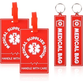 4pzs Etiquetas Alerta Médica para Bolsa, 2 Estilos Etiqueta Equipaje Dispositivos Médicos con Correas Tarjetas Información & Llavero para Equipo Profesional Maletas Viaje Mochila