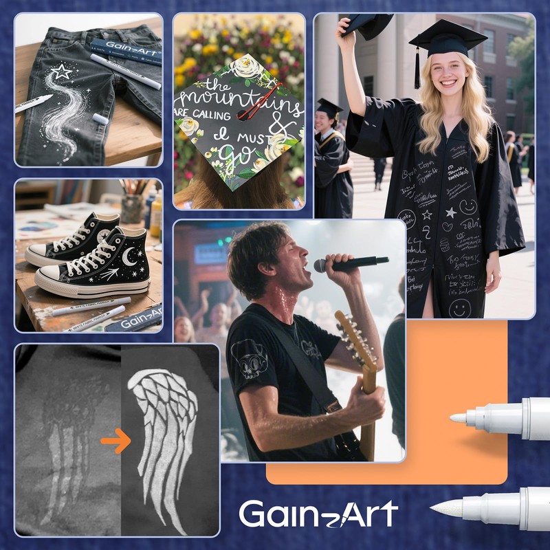 Gain-Art White Fabric Marker for Dark Clothes - Wash-Resistant, No