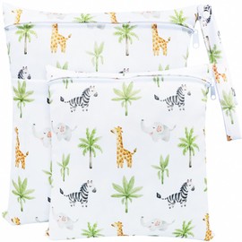 FenFang Nappy Bag, Pack of 2 Wetbag, Nursery Wet Bags, Cloth Nappies, Wet Bag, Organiser Bag, Changing Bag, Waterproof Reusable (White Jungle)