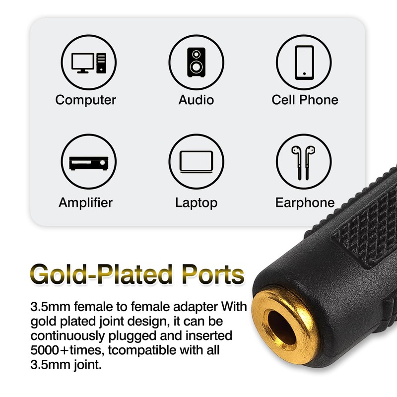 Brvlsoc 3.5mm Stereo Jack Female-to-Female Audio Adapter (4-Pack) – Gold-Plated
