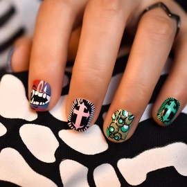 EchiQ Hallowen Nails Art Green Pink Cute Graffiti Fake Nails Black Red Blue Short Oval DIY Manicure Salon Lips Cross Wearable Artificial Acrylic False Nails 24pcs/Set