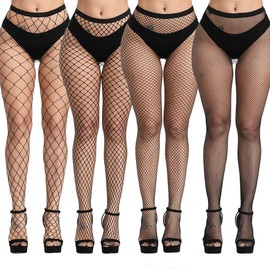 AMZDEAL-AU 4 Pairs High Waist Fishnet Tights - Women's Adult Fashion-Conscious Women - Black - Solid - Fishnet - High Rise - 5 Denier - Regular - Nylon - Tights