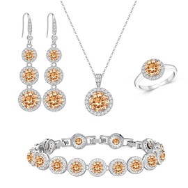 LMXXVJ Women Formal Jewelry Set,Champagne Cubic Zirconia Necklace Open Ring Earrings Bracelet Set Exquisite Jewelry Gifts for Mom/Wife,Platinum Plated
