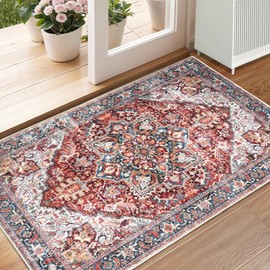 XSIVOD Entryway Rug Indoor Door mat, Orange/Red Small Washable Area Rugs for Kitchen Bathroom Mat, Low Pile Vintage Rug, Non-Slip Bedroom Carpet for Front Door Entrance Welcome Mat, 60 x 90 cm