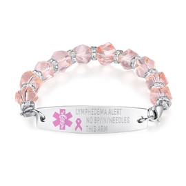 mnmoom 7.5 inch interchangeable Medical id bracelets for Women beade Medical alert bracelets with free engraving no bp/iv/needles this arm (Pink)