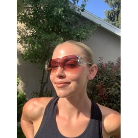 Appassal Rimless Y2k Sunglasses for Women Men Trendy Oversized Wrap Around Snake Shades AP3652,Pink Brown