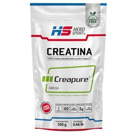 HEROSPORTS | Creatina Monohidratada Creapure® 300g. 100% Pura. Solo 1 Ingrediente Creatina Alemana Creapure®. Vegana, Sin Azúcar, 60 porciones, 5g por porción, Incluye Scoop. Pure. Proven. Perfect.