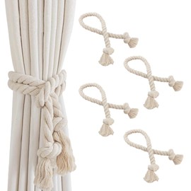 4 Pack Boho Outdoor Curtain Tiebacks,Handmade Cotton Rope Curtain Ties for Patio/Gazebo,Rustic Farmhouse Curtain Holdbacks with Tassels,Beige