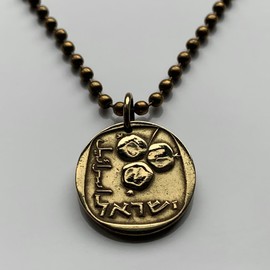 1960 Israel 5 Agorot Jewish coin pendant pomegranate fruit grenadine Jerusalem Tel Aviv Haifa Rishon LeZion Petah Tikva Ashdod Caesarea Tiberias Jaffa Masada Tiberias Hebrew menorah Torah Zion n000420