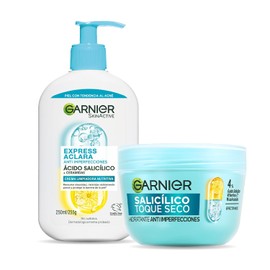 Kit Garnier Express Aclara Anti-Imperfecciones: Gel Limpiador Facial 250ml + Crema Hidratante Facial Toque Seco 50ml con Vitamina C, Ácido Salicílico y Niacinamida, Control de Grasa y Efecto Mate 8h