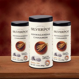 Silverpot Ashwagandha Cinnamon, 50 Round Tea Bags, Tin | Gourmet Herbal Tea | Caffeine Free | Enjoy Hot or Iced