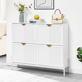 VIPLUMI Shoe Cabinet Storage with 4 Flip Drawers, Narrow Hidden Shoes Organizer Cabinet for Entryway, Freestanding Slim Shoe Rack Front Door Entrance(White)