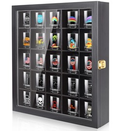 Tutata Shot Glass Display Case - 25 Slot Holder with Door, Wall Mounted Storage Case - Black