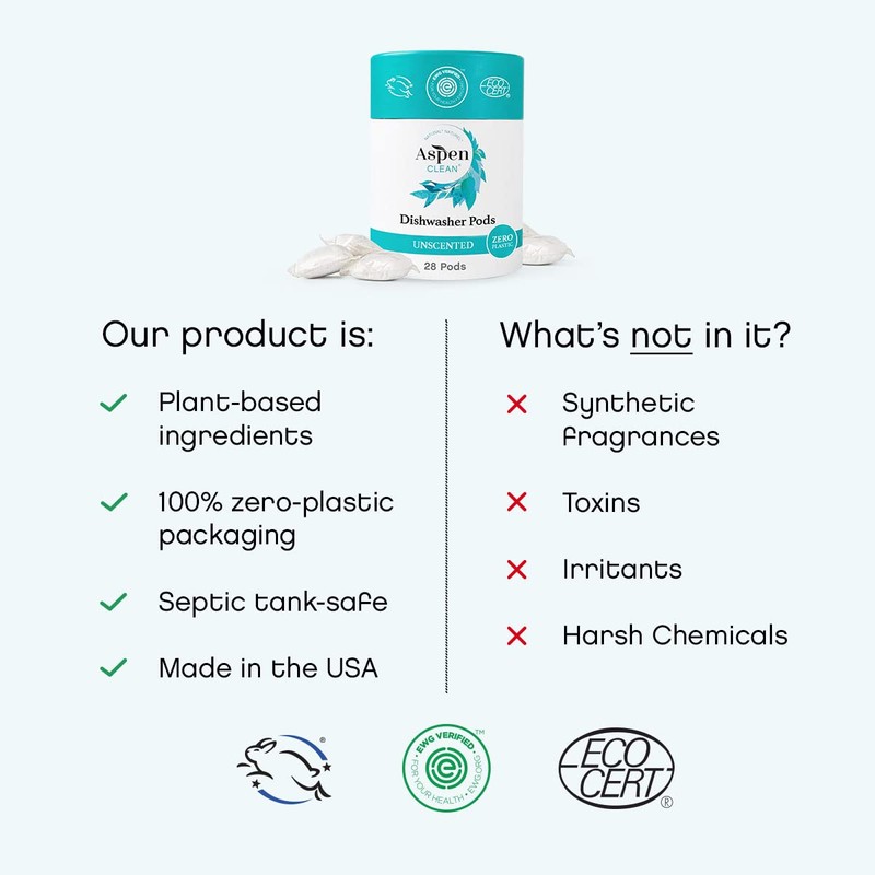 Unscented Dishwasher Pods by AspenClean, Dye-Free, Zero Plastic, EWG Verified™,