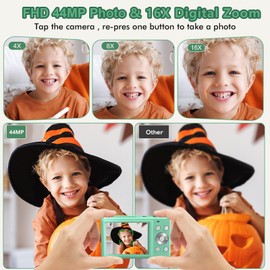 Digital Camera, Nsoela FHD 1080P 44MP Kids Camera with 32GB Card, Compact Point and Shoot Camera, 16X Digital Zoom Vlogging Camera, Portable Mini Kids Camera for Teens Students (Green)