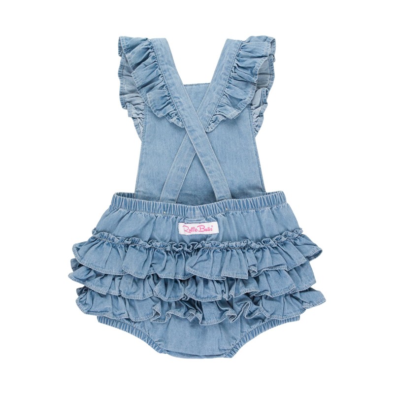 RuffleButts Light Wash Flutter Overall Romper - 6-12m
