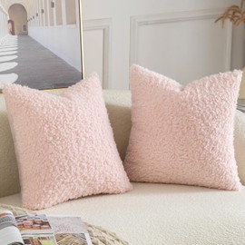 YAERTUN Pack of 2 Faux Fur Throw Pillow Covers Decorative Sherpa Boucle Pillow Covers Fuzzy Soft Pillowcases Sheepskin Fleece Cushion Case for Couch Sofa Bed Living Room 26x26 Inch Pink