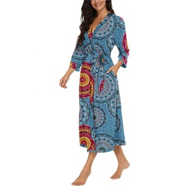 PrinStory Women's Bathrobe Lightweight 3/4 Sleeve Dressing Gown V-Neck Kimono Robe Long Sleepwear, Blue mix