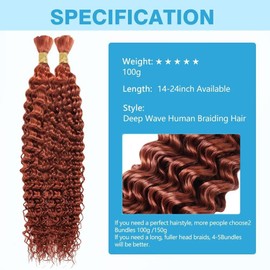 Dark Ginger Human Braiding Hair Deep Water Wave Bulk Human Hair 100g 20 Inch Color 350 Curly Human Hair for Boho Braids Hair Extensions No Weft 2 Braids Per Pack Wet and Wavy Human Hair Braiding Hair