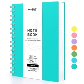 RETTACY A5 Notepad, Notebook, Spiral Bound Notebooks, 300 Sheets/150 Pages for Writing, 100 GSM College Ruled Paper, PVC Hardcover, 14.5 x 21 cm - Turquoise