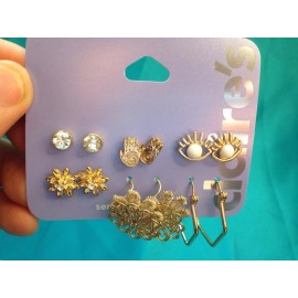 Claire's Six Pairs Of Claire's Rhinestone Stud Gold Hands Eyes Dangling Flower More New!