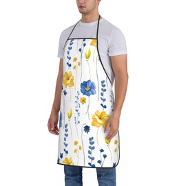 LANAIQO Navy Blue Yellow Flower Bib Aprons for Women Men Kitchen Chef Watercolor Floral Apron with Pockets Cooking BBQ Gardening