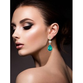 arete colgantes de vidrio con clip para mujer, hechos a mano, hipoalergénicos, chapados en oro rosa de 14 quilates, piedra natal redonda grande, Oro amarillo, cristal