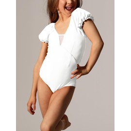 Batermoon Girls Dance Ballet Leotards Gymnastics Short Puff Sleeve Mesh V Back Outfits 5-14 Years White