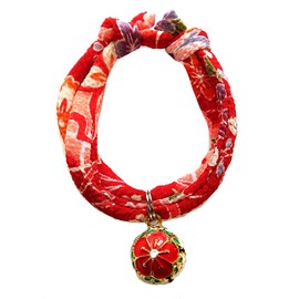 Collar: Cat Collar, Cat Bell Charm (Autumn Leaves, Plum Red), Accessory, Choker, Soft Fabric that does not burden the neck and coat (Adjustable Size) Asakusa, Kyoto, Crepe, Japanese Style, Modern,