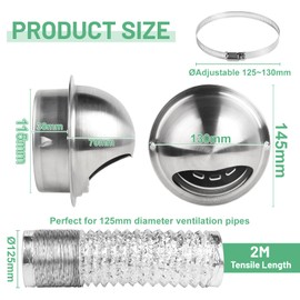 LALAGO 125 mm Round Ventilation Grille with 2 m Hose, Stainless Steel Ventilation Grille, Exhaust Grille, Dryer Vent Cover Exterior, Integrated Backflow Flap, Weather Protection Grille, Anti-Mosquito