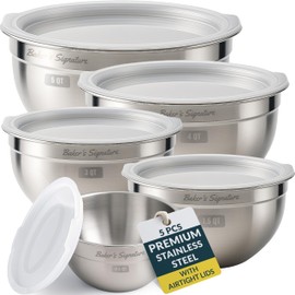 Baker's Signature Stainless Steel Mixing Bowls With Lid, Metal Mixing Bowl Set Of 5, Nesting Set For Food Prep, Baking,Storage, Cooking, Serving | Dishwasher Safe, 0.5/1.5/3/4/5 Qt