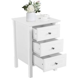 Topeakmart Modern Nightstand with 3 Drawer and Solid Wood Legs, Bedside Table with Spacious Drawer Storage, 3-Drawer Bedside Cabinet Side Table for Bedroom Home Office, 16″ L×16″ W×24″ H, White