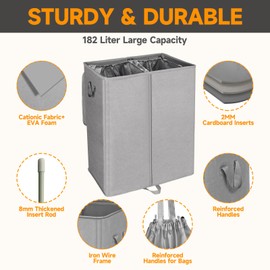 BOHOMDEC 182L Oversized Double Laundry Hamper with Lid and Removable Laundry Bags,30" Tall Laundry Basket 2 Section,Dirty Clothes Hamper 2 Dividers for Bedroom,Laundry Room,Bathroom,Dorm Grey