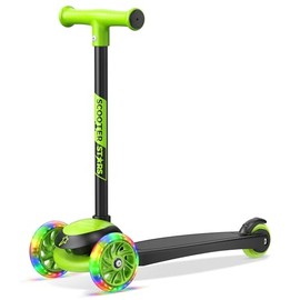 3 Wheel Scooter for Kids, Smooth Light Up LED Front Wheels, Wide Anti Slip Deck, Rear Foot Brake, Easy Maneuvering T-bar Handle, Indoor & Outdoor Ride On Toys for Ages 2 Up, Black Green Color