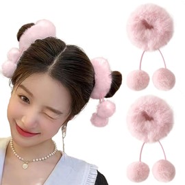 2Pcs Pom Pom Hair Ties Fuzzy Furry Faux Rabbit Fur Scrunchies with Detachable Fur Ball Tassel Fluffy Ponytail Holders Hair Accessories for Girls Women (Pink)