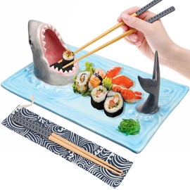 3 in 1 Sushi Shark Plate with Chopsticks, Upgraded Shark Ceramic Sushi Plate Food Serving Tray, Creative Shark Shaped Sushi Plate Set, Food Safe Materials Suit for Microwave/Oven/Freezer/Dishwasher