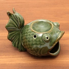 NOVICA Artisan Handmade Ceramic Oil Warmer Green Koi Fish Indonesia Lamps Lighting Incense Burners Animal Themed East Meets West [4.7in H x 6.75in W x 3.9in D] ' Wideeyed Koi'