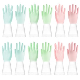 Washing Up Gloves, 6 Pairs Latex-Free Cleaning Gloves, Kitchen Gloves, Reusable Long Rubber Gloves, Non-Slip Waterproof Gloves for Household, Gardening, Laundry, Weeding