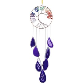 SUNYIK Tree of Life Agate Slice Wind Chime, Handmade 7 Chakra Stone Healing Crystal Wind Chime for Indoor Outdoor Decoration Ornament 24-27'', Purple