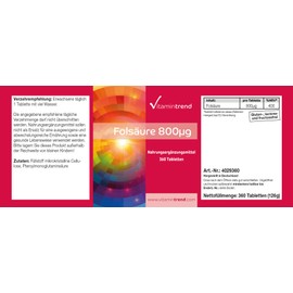 Vitamintrend Folic Acid 800µg, 360 Tablets, Swallow-friendly, Vitamin B9, Dietary Supplement Vegan without Magnesium Stearate, Made in Germany
