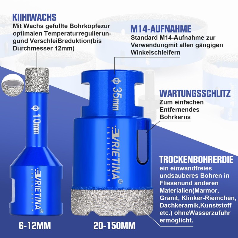 5 x Diamond Tile Drill Bits HV 10000+ Hardness, 6|6|8|10|20