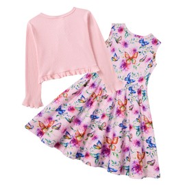 ALISISTER Girl Butterfly Dress Toddler Girls Pink Cardigan Set Kids 2 Piece Long Sleeve Casual Ruffle Outfits 2-3Years