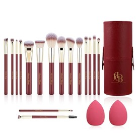 Beauty - Juego de brochas de maquillaje de viaje, 16 brochas de maquillaje profesionales veganas con mango de madera mate rojo dorado y 2 esponjas de 