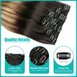 SURNEL Hair Extensions Clip in 14inch 100g 6pcs Hair Extensions Clip in Real Human Hair Natural Black to Medium Brown and Bleach Blonde Hair Extensions (#1B/4/27,14'')