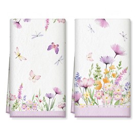 Arquiel Kitchen Towels Set of 2, Tea Towels Soft 100% Microfibre Purple Flower Kitchen Towel Set Super Absorbent Thick High Quality Kitchen Drying Towel Bar Towels 40 x 60 cm