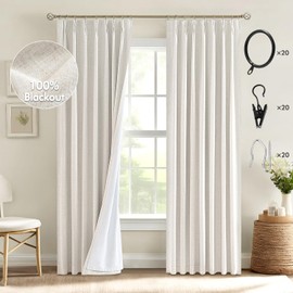 MIULEE Natural Pinch Pleated 100% Blackout Linen Curtains 102 Inch Length 2 Panels Set, Pleat Curtains with Pin Hooks, Black Out Light Blocking Room Darkening Drapes for Bedroom Living Room Window