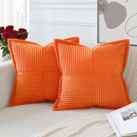 Artscope Corduroy Cushion Covers Pack of 2 Modern Patchwork Throw Pillow Covers Soft Pillowcase Broadside Decorative Textured Cushions for Home decor Sofa Bedroom Couch Orange 45x45cm